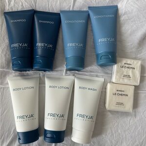 Freyja travel products - shampoo, conditioner, body lotion, body wash and soap